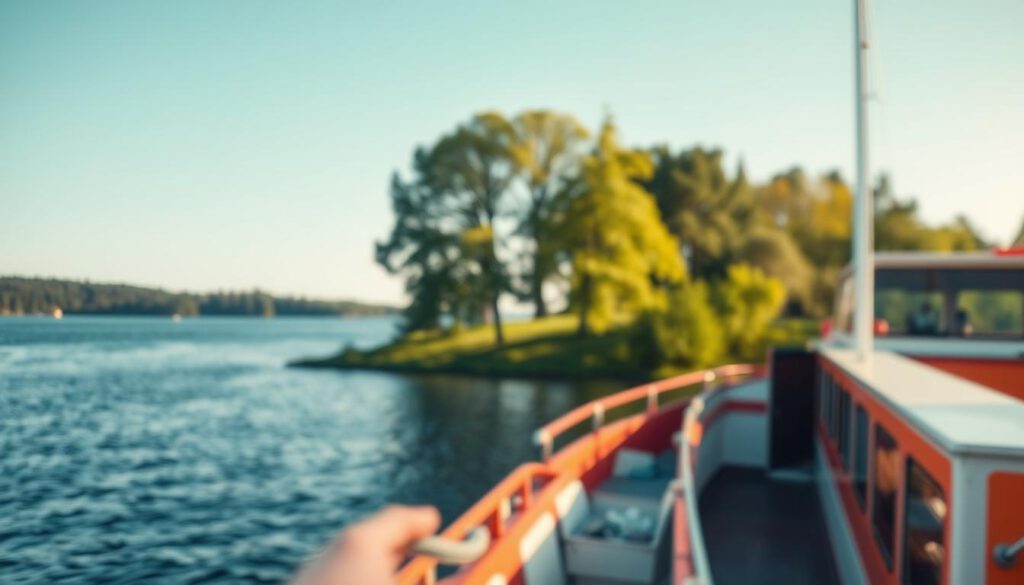 A scenic view of the ferry to Visingsö crossing the serene Vättern Lake, captured in the foreground with the ferry prominently showing its colorful hull. The middle ground features the lush greenery of Visingsö Island, with trees gently swaying in the breeze under a clear blue sky. In the background, the tranquil waters of Vättern Lake reflect the soft afternoon sunlight, creating a warm and inviting atmosphere. The image is taken with a Sony A7R IV at 70mm, ensuring sharp details and vibrant colors. A polarized filter enhances the clarity of the scene, highlighting the mix of nature and maritime elements. The mood feels calm and picturesque, perfect for illustrating a serene journey.