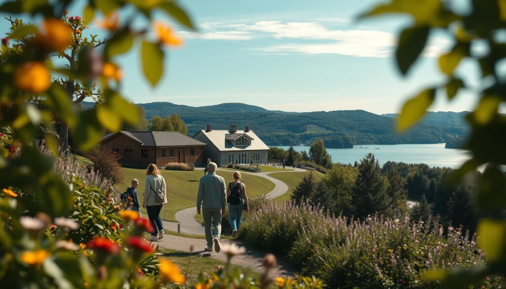 A scenic view showcasing attractions around Jönköping, framed in layers for depth. In the foreground, vibrant greenery and local flora typical of Sweden, with a few visitors in modest casual clothing exploring the surroundings. In the middle ground, the iconic Streichholzmuseum, distinguished by its unique architecture, is visible alongside serene paths leading to the shimmering Vättern Lake. The background features soft, rolling hills under a clear blue sky, with the distant silhouette of lush forests. The image is shot with a Sony A7R IV at 70mm, ensuring clear focus and sharp definition. A polarized filter enhances the colors and contrasts, creating a bright and inviting atmosphere that reflects the beauty and cultural significance of the region.
