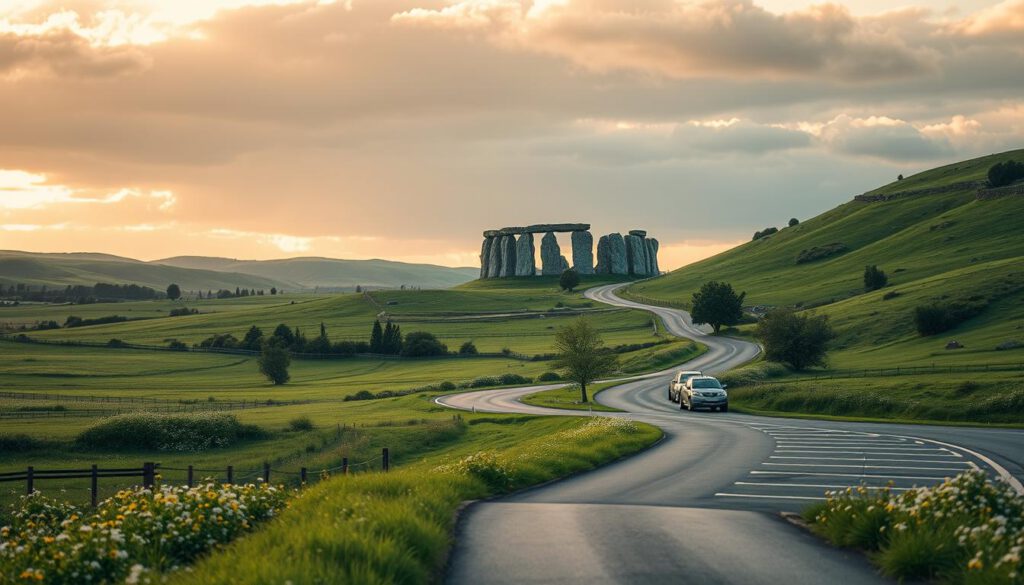 A scenic view showcasing the journey to Ales Stenar, with a clear, winding road leading through lush green fields adorned with wildflowers. In the foreground, a well-marked parking area demonstrates ample space for visitors, with a few cars parked neatly. The middle ground features a gently rolling landscape, dotted with trees and bushes, leading toward the iconic stone formation in the distance. The background presents a dramatic sky at golden hour, casting warm, soft light over the scene, enhancing the atmosphere of tranquility. The image is captured with a Sony A7R IV at 70mm, sharply focused, with a polarized filter for vibrant colors and clear definition. The composition elicits a sense of adventure and serenity, inviting viewers to explore this historic site.
