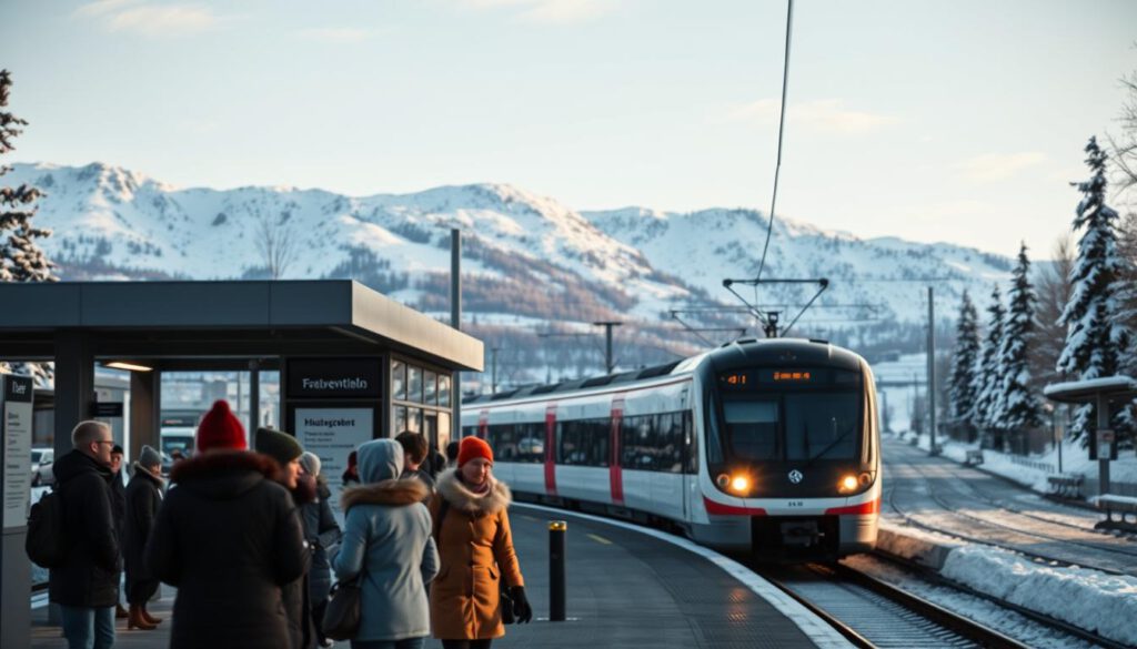 A scenic view showcasing the public transport connections to Åre, Sweden, during winter. In the foreground, a modern train station with clear signage and passengers dressed warmly in winter attire, waiting for their train. The middle ground features a sleek, modern train arriving with snow-covered mountains in the background, emphasizing the winter sports appeal. Soft, natural lighting casts a warm glow on the scene, creating an inviting atmosphere. The surroundings are adorned with snow-laden trees, enhancing the serene winter vibe. The image is sharply defined, showcasing fine details, shot on a Sony A7R IV at 70mm with a polarized filter, capturing the essence of accessibility to Åre’s largest ski area. A scenic view showcasing the public transport connections to Åre, Sweden, during winter. In the foreground, a modern train station with clear signage and passengers dressed warmly in winter attire, waiting for their train. The middle ground features a sleek, modern train arriving with snow-covered mountains in the background, emphasizing the winter sports appeal. Soft, natural lighting casts a warm glow on the scene, creating an inviting atmosphere. The surroundings are adorned with snow-laden trees, enhancing the serene winter vibe. The image is sharply defined, showcasing fine details, shot on a Sony A7R IV at 70mm with a polarized filter, capturing the essence of accessibility to Åre’s largest ski area.