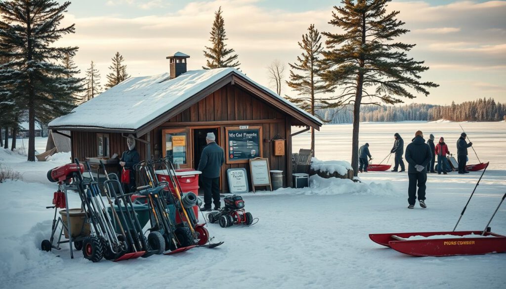 A scenic winter landscape in Sweden, showcasing a charming equipment rental shop for ice fishing. In the foreground, neatly arranged fishing gear like drills, augers, and sleds sit outside the shop, with a friendly shopkeeper in modest casual clothing assisting a customer. The middle ground features a cozy, wooden shop adorned with snow-dusted roofs, surrounded by pine trees. In the background, a frozen lake glistens under soft winter sunlight, with a few ice fishermen peacefully enjoying their activity. The scene is captured with a Sony A7R IV at 70mm, ensuring clarity and sharpness, enhanced by a polarized filter to intensify the colors of the sky and ice. The overall mood is inviting and serene, highlighting a perfect day for ice fishing in Sweden.