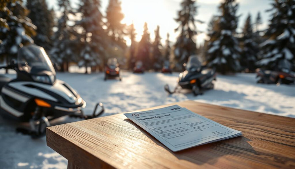 A scenic winter landscape showcasing snowmobiles parked in a snowy clearing in Northern Sweden, with pine trees dusted with snow in the background. In the foreground, a pair of snowmobile licenses and requirement documents are neatly arranged on a wooden table, emphasizing the theme of necessary qualifications for snowmobiling. Soft natural lighting filters through the trees, creating a serene and inviting atmosphere. The focus is sharp and well-defined, capturing the intricate details of the documents, while the background remains slightly blurred to enhance depth. The image conveys a sense of adventure and preparedness, ideal for a winter sports enthusiast considering snowmobiling. Shot on a Sony A7R IV with a 70mm lens, utilizing a polarized filter for clarity.
