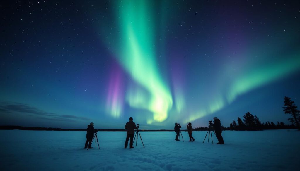 A serene Arctic landscape showcasing optimal weather conditions for Northern Lights observation in Swedish Lapland. The foreground features a tranquil snow-covered field under a starry night sky, with the shimmering colors of the auroras illuminating the scene in shades of green and purple. In the middle ground, a group of modestly dressed photographers, equipped with tripods and cameras, gaze upwards in awe, capturing the beauty above. The background reveals dark, silhouetted trees against the vibrant sky. The image is captured with a Sony A7R IV at 70mm, ensuring sharp focus and definition, enhanced by a polarized filter that intensifies the colors. The mood is magical and peaceful, embodying the wonder of nature's spectacle.