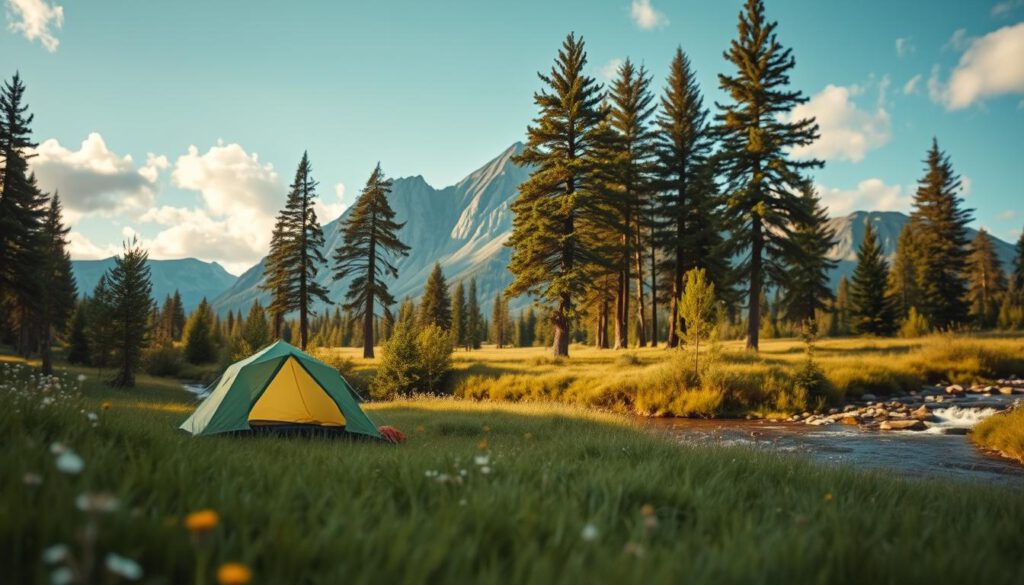 A serene Nordic landscape showcasing the beauty of nature and environmental protection. In the foreground, a peaceful camping site with a small tent, surrounded by lush green grass and wildflowers, emphasizing sustainable practices. In the middle ground, tall, majestic pine trees create a natural backdrop, while a clear stream flows gently, illustrating pristine water preservation. The background features a dramatic mountain range under a clear blue sky, with soft, diffused sunlight filtering through clouds, casting gentle shadows. Shot on a Sony A7R IV with a 70mm lens, this image captures sharp details and vibrant colors. The atmosphere is tranquil and harmonious, reflecting the deep connection between camping and environmental stewardship in the Swedish wilderness.