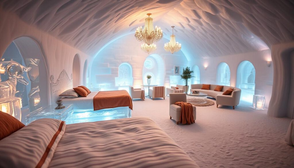 A serene and inviting interior of the Zimmer ICEHOTEL, showcasing intricately carved ice sculptures and frosty decor. In the foreground, focus on elegantly designed ice beds adorned with warm, cozy bedding that invites restful sleep. The middle ground features beautifully illuminated ice walls, reflecting soft, ambient blue and white lighting that enhances the ethereal atmosphere. The background captures a spacious artistic lounge area with stylish seating made entirely of ice, complete with twinkling ice chandeliers hanging from the ceiling. The scene is shot with a Sony A7R IV at 70mm, sharply defined with a polarized filter, highlighting the glistening textures of the ice, creating a tranquil and enchanting mood, evoking a sense of winter wonder. A serene and inviting interior of the Zimmer ICEHOTEL, showcasing intricately carved ice sculptures and frosty decor. In the foreground, focus on elegantly designed ice beds adorned with warm, cozy bedding that invites restful sleep. The middle ground features beautifully illuminated ice walls, reflecting soft, ambient blue and white lighting that enhances the ethereal atmosphere. The background captures a spacious artistic lounge area with stylish seating made entirely of ice, complete with twinkling ice chandeliers hanging from the ceiling. The scene is shot with a Sony A7R IV at 70mm, sharply defined with a polarized filter, highlighting the glistening textures of the ice, creating a tranquil and enchanting mood, evoking a sense of winter wonder.