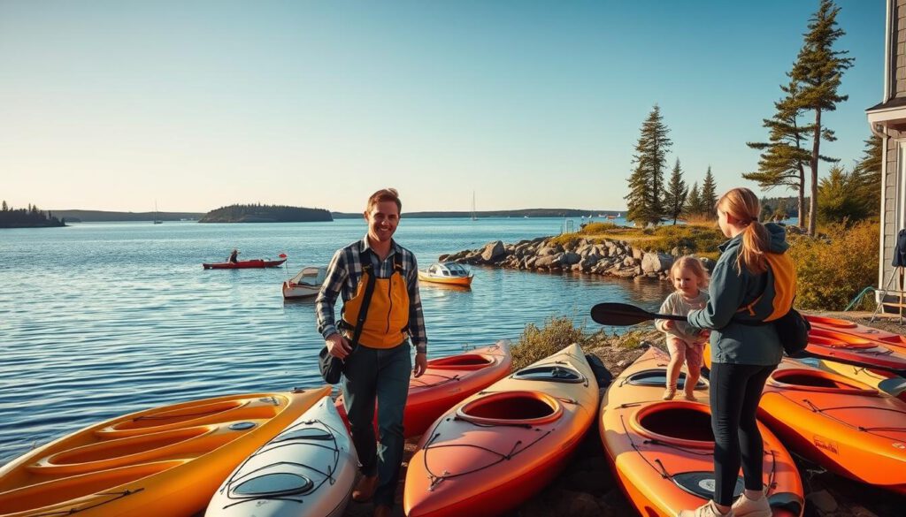 A serene and picturesque scene of a kayak rental shop in Sweden, showcasing a variety of colorful kayaks lined up along a tranquil shoreline. In the foreground, a smiling rental staff member in modest casual clothing assists a family preparing to embark on their kayaking adventure. In the middle ground, several kayaks are gently bobbing on the calm water, surrounded by lush greenery and rocky outcrops. In the background, the iconic Swedish archipelago with its array of islands, trees, and distant sailboats can be seen under a clear blue sky. The scene is captured with soft, natural lighting, evoking a warm, inviting atmosphere. Shot on a Sony A7R IV with a 70mm lens, featuring sharp details and vibrant colors enhanced by a polarized filter.