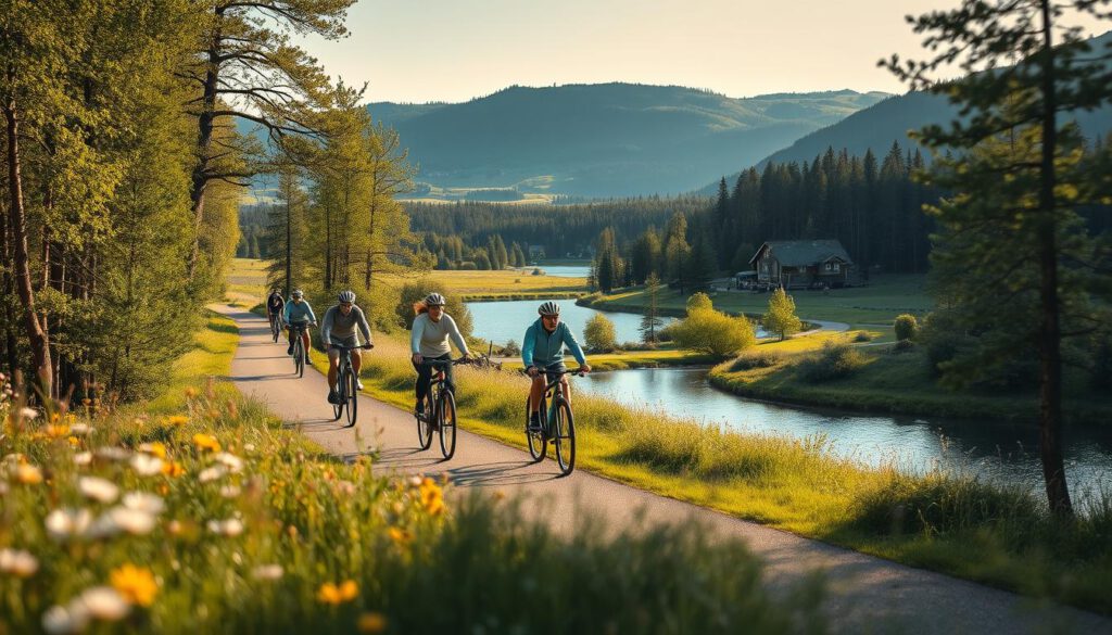 A serene and vibrant scene depicting a cycling tour in the lush landscapes of Sweden. In the foreground, a group of cyclists in modest casual clothing, enjoying their ride along a winding, tree-lined path. In the middle ground, wildflowers and green grasses frame the path, while alongside, a glistening lake reflects the blue sky. The background features rolling hills and dense forests, punctuated by picturesque Swedish wooden cottages. The lighting is soft and natural, capturing the golden hour, with warm hues bathing the scene. Shot with a Sony A7R IV at 70mm, ensuring a sharp focus on the cyclists and a beautifully blurred background. The mood is peaceful and adventurous, inviting the viewer to explore the joys of outdoor activities in nature.