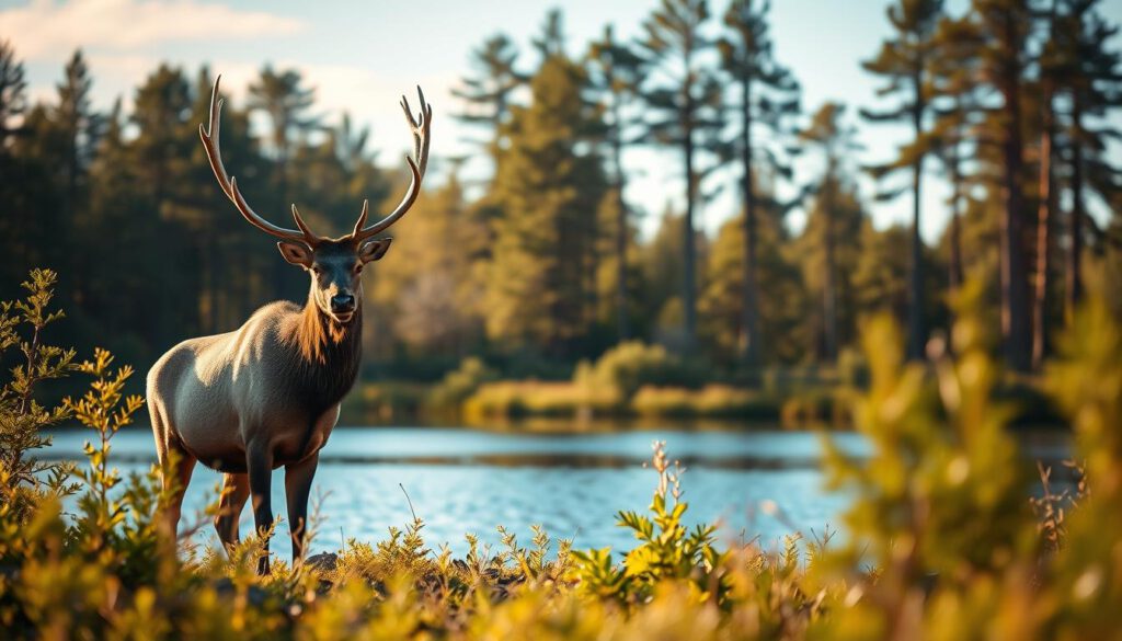 A serene elk safari scene set in Småland, Sweden, showcasing a majestic bull elk standing gracefully among lush green forest underbrush in the foreground. In the middle, a tranquil lake reflects the clear blue sky, with soft ripples that hint at the gentle breeze. The background features tall, slender pine trees, their needles glistening with morning dew, creating a peaceful, natural atmosphere. The image is shot on a Sony A7R IV with a 70mm lens, ensuring sharp details and vivid colors. Use a polarized filter to enhance the clarity and saturation, with warm, golden lighting to evoke a sense of calm and wonder. The overall mood is inviting, emphasizing why an elk safari is a captivating experience.