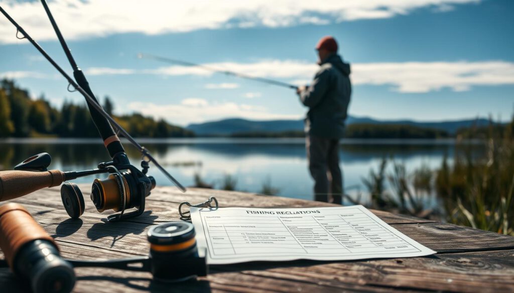 A serene lakeside scene in Sweden, illustrating fishing regulations. In the foreground, a well-organized fishing gear setup, including rods, reels, and a detailed fishing license displayed on a rustic wooden table. In the middle ground, a calm lake reflects the surrounding lush green trees and distant, soft hills under a clear blue sky. A silhouette of a fisherman in modest casual clothing stands at the water's edge, attentively observing the water, casting a line with a focused expression. The atmosphere is tranquil yet vibrant, highlighting the importance of fishing rules for sustainable practices. Shot on a Sony A7R IV at 70mm, with crisp details and defined colors, enhanced by a polarized filter to emphasize the natural beauty of the Swedish landscape.