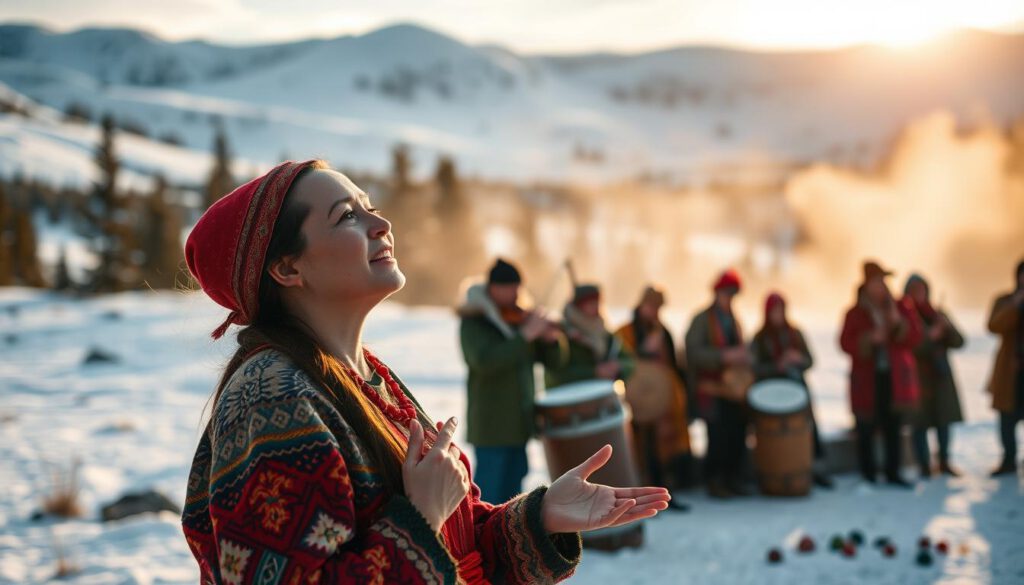 A serene landscape in Jokkmokk, Sweden, highlighting the traditional art of Joik Musik. In the foreground, a Sami musician clad in vibrant, traditional attire, singing passionately, with a gentle emotion on their face. Their hands are raised, emphasizing the connection to their cultural heritage. In the middle, a group of Sami people play traditional instruments such as drums and flutes, creating a harmonious atmosphere. The background features majestic snow-covered hills and pine trees, under a soft golden hour light that casts a warm glow. A subtle mist rises from the ground, enhancing the ethereal quality of the scene. The composition should be framed with a shallow depth of field, shot on a Sony A7R IV with a 70mm lens, sharply defined, with a polarized filter to enrich colors and contrasts. The overall mood is tranquil and reverent, celebrating the profound connection between the Sami people and their music. A serene landscape in Jokkmokk, Sweden, highlighting the traditional art of Joik Musik. In the foreground, a Sami musician clad in vibrant, traditional attire, singing passionately, with a gentle emotion on their face. Their hands are raised, emphasizing the connection to their cultural heritage. In the middle, a group of Sami people play traditional instruments such as drums and flutes, creating a harmonious atmosphere. The background features majestic snow-covered hills and pine trees, under a soft golden hour light that casts a warm glow. A subtle mist rises from the ground, enhancing the ethereal quality of the scene. The composition should be framed with a shallow depth of field, shot on a Sony A7R IV with a 70mm lens, sharply defined, with a polarized filter to enrich colors and contrasts. The overall mood is tranquil and reverent, celebrating the profound connection between the Sami people and their music.