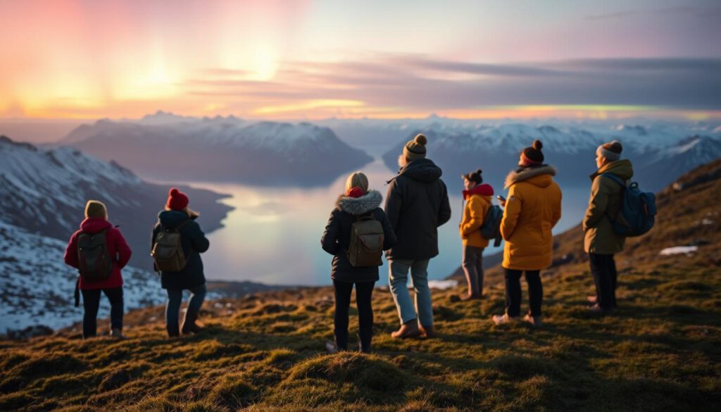 A serene landscape showcasing sustainable travel across the Arctic Circle, featuring a group of eco-conscious travelers wearing professional, modest outdoor attire. In the foreground, they are engaged in responsible activities, such as observing wildlife and enjoying nature, surrounded by snow-capped mountains and soft green tundra. The middle ground reveals a pristine fjord reflecting the vibrant colors of the northern lights, casting a magical glow across the scene. In the background, the endless horizon of the Arctic skyline merges with the colorful aurora borealis. The image is shot with a Sony A7R IV 70mm lens, clearly focused and sharply defined, utilizing a polarized filter to enhance the vivid colors of the aurora. The mood is tranquil and inspiring, inviting viewers to consider the beauty of sustainable exploration. A serene landscape showcasing sustainable travel across the Arctic Circle, featuring a group of eco-conscious travelers wearing professional, modest outdoor attire. In the foreground, they are engaged in responsible activities, such as observing wildlife and enjoying nature, surrounded by snow-capped mountains and soft green tundra. The middle ground reveals a pristine fjord reflecting the vibrant colors of the northern lights, casting a magical glow across the scene. In the background, the endless horizon of the Arctic skyline merges with the colorful aurora borealis. The image is shot with a Sony A7R IV 70mm lens, clearly focused and sharply defined, utilizing a polarized filter to enhance the vivid colors of the aurora. The mood is tranquil and inspiring, inviting viewers to consider the beauty of sustainable exploration.