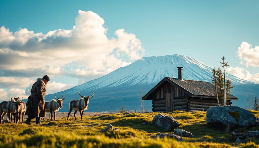 A serene landscape showcasing the sustainable practices of the Sámi culture in Jokkmokk. In the foreground, a Sámi reindeer herder, dressed in traditional, modest clothing, tends to a group of reindeer, demonstrating their harmonious relationship with nature. In the middle ground, lush green grass and moss-covered rocks contrast with a small wooden Sámi cabin, surrounded by birch trees, illustrating their connection to the land. The background features a majestic, snow-capped mountain under a bright blue sky with soft, fluffy clouds. The scene is bathed in warm, natural lighting, creating a peaceful and inviting atmosphere. Captured with a Sony A7R IV at 70mm, ensuring sharp focus and vibrant colors through a polarized filter, highlighting the beauty of sustainable living within Sámi traditions. A serene landscape showcasing the sustainable practices of the Sámi culture in Jokkmokk. In the foreground, a Sámi reindeer herder, dressed in traditional, modest clothing, tends to a group of reindeer, demonstrating their harmonious relationship with nature. In the middle ground, lush green grass and moss-covered rocks contrast with a small wooden Sámi cabin, surrounded by birch trees, illustrating their connection to the land. The background features a majestic, snow-capped mountain under a bright blue sky with soft, fluffy clouds. The scene is bathed in warm, natural lighting, creating a peaceful and inviting atmosphere. Captured with a Sony A7R IV at 70mm, ensuring sharp focus and vibrant colors through a polarized filter, highlighting the beauty of sustainable living within Sámi traditions.