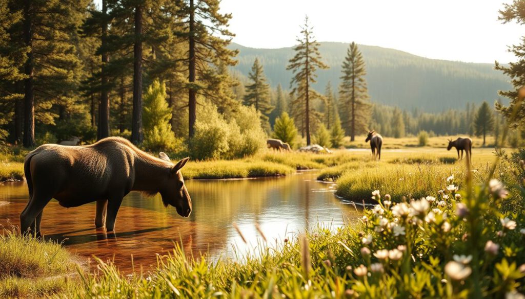 A serene natural environment showcasing moose in the wild, surrounded by lush forests of Småland. In the foreground, a majestic moose grazes near a tranquil pond with crystal-clear water reflecting the surrounding greenery. In the middle ground, tall pine trees and clusters of delicate wildflowers create a vibrant, diverse habitat. The background features gentle hills bathed in soft, dappled sunlight filtering through the leaves, enhancing the peaceful atmosphere. The image is captured with a Sony A7R IV at 70mm, using a polarized filter for rich color saturation and clear definition. The lighting is warm and inviting, evoking a sense of calmness and connection to nature.