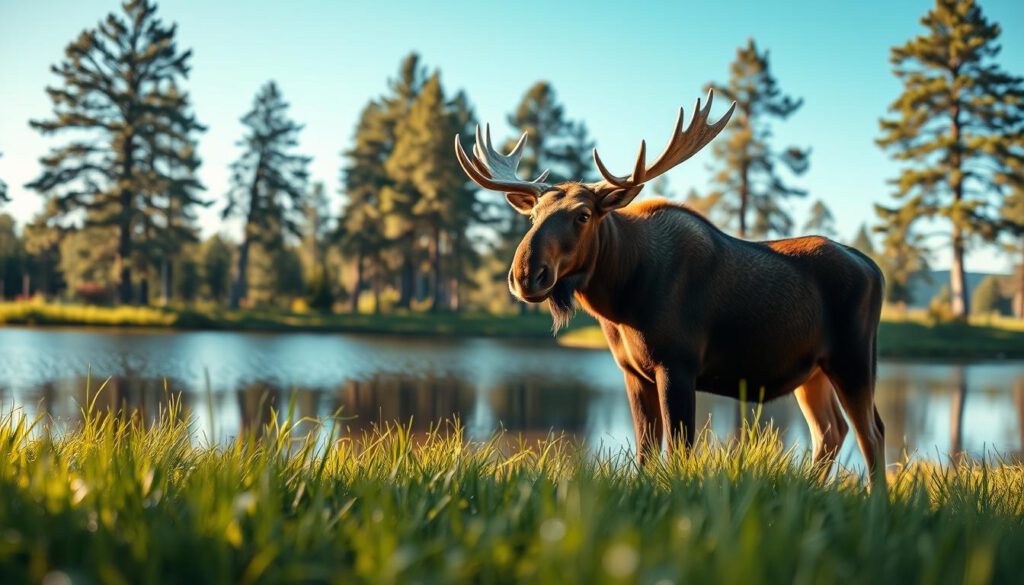 A serene natural landscape in Småland, showcasing a majestic moose standing gracefully by a tranquil lake. In the foreground, soft green grass glistens with morning dew, while the middle ground features the moose, its rich brown fur contrasting beautifully with the lush greenery. In the background, tall pine trees rise against a clear blue sky, adding depth to the scene. The sunlight filters through the branches, creating dappled light effects on the ground. Shot on a Sony A7R IV at 70mm, the image is clearly focused and sharply defined, enhanced by a polarized filter that captures vivid colors and reduces glare. The overall mood is peaceful and awe-inspiring, inviting one to admire wildlife in its natural habitat.
