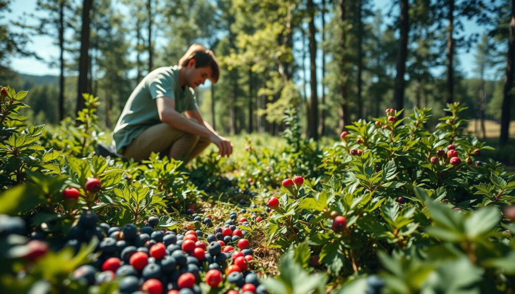 A serene scene depicting a Swedish forest during a bright summer day, focusing on the art of berry picking. In the foreground, a person in modest casual clothing kneels amidst lush greenery, carefully selecting ripe blueberries and lingonberries from low bushes. The middle ground showcases a variety of colorful berries scattered among the foliage, with sunlight filtering through the leaves, creating dappled shadows on the forest floor. In the background, gently rolling hills and a clear blue sky complete the tranquil setting. The photo should be captured with a Sony A7R IV at 70mm, producing a sharp focus on the berry picker, enhanced by a polarized filter to enrich colors and minimize glare, evoking a peaceful and joyful atmosphere of nature’s bounty.