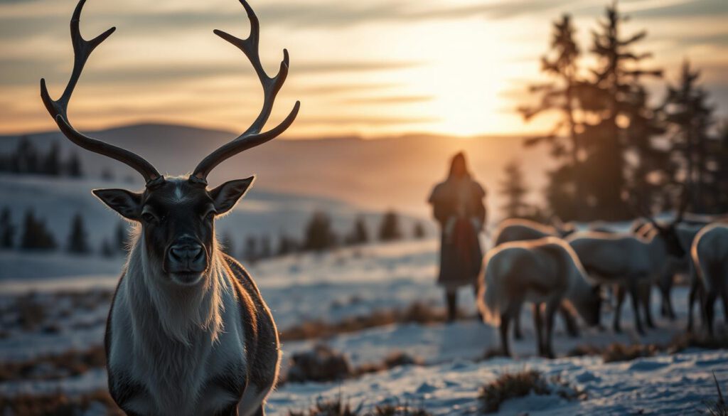 A serene scene depicting the significance of reindeer in Sami culture. In the foreground, a majestic reindeer stands proudly, its antlers elegantly fanned out, displaying the beauty of nature. In the middle ground, a Sami herder in traditional clothing tends to a small group of reindeer, engaged in a time-honored practice of reindeer husbandry. The background features a stunning Lapland landscape, with snow-covered hills and pine trees under a soft, golden sunset, casting warm light across the scene. The atmosphere is tranquil and reverent, capturing the deep connection between the Sami people and their reindeer. Shot on a Sony A7R IV at 70mm, with a polarized filter to enhance clarity and definition, bringing every detail to life. A serene scene depicting the significance of reindeer in Sami culture. In the foreground, a majestic reindeer stands proudly, its antlers elegantly fanned out, displaying the beauty of nature. In the middle ground, a Sami herder in traditional clothing tends to a small group of reindeer, engaged in a time-honored practice of reindeer husbandry. The background features a stunning Lapland landscape, with snow-covered hills and pine trees under a soft, golden sunset, casting warm light across the scene. The atmosphere is tranquil and reverent, capturing the deep connection between the Sami people and their reindeer. Shot on a Sony A7R IV at 70mm, with a polarized filter to enhance clarity and definition, bringing every detail to life.