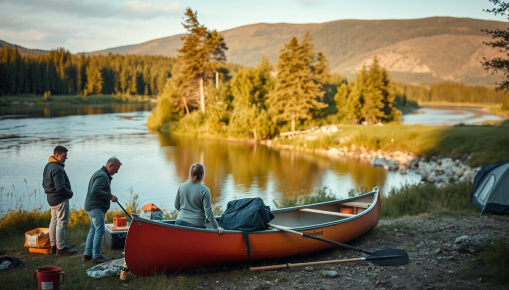 A serene scene preparing for a canoe tour in Värmland's lush nature. In the foreground, a small group of people in modest casual clothing organizes camping gear and paddles beside a vibrant, colorful canoe. In the middle ground, a tranquil river reflects the surrounding dense green trees and rocky banks, suggesting the Klarälven river's winding path. The background showcases gentle hills bathed in soft afternoon light, evoking a peaceful atmosphere. The composition is captured with a Sony A7R IV at 70mm, ensuring clear focus and sharp details, enhanced by a polarized filter to enrich the colors and contrast. The mood is one of anticipation and connection with nature, inviting onlookers to experience the preparation for an outdoor adventure.