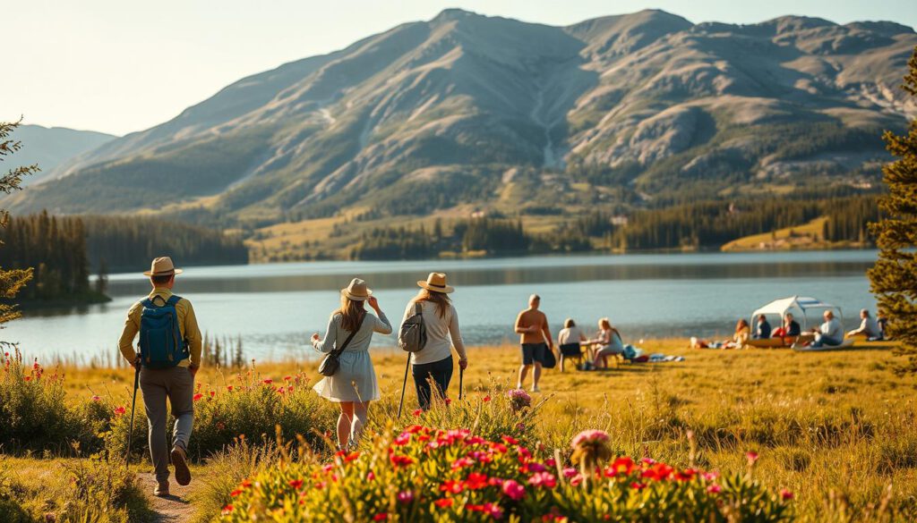 A serene summer scene in Abisko, depicting the diverse outdoor activities available in the region. In the foreground, a group of modestly dressed hikers are enjoying a scenic trail, admiring the lush greenery and vibrant wildflowers. In the middle ground, couples are engaged in exciting activities like mountain biking and kayaking on a pristine lake, while families are picnicking on the grass. The background features the majestic Nuolja Mountain, its slopes gently illuminated by the warm golden light of a late afternoon sun, casting long shadows and highlighting the texture of the rocks. Capture this scene with a Sony A7R IV at 70mm, ensuring sharp focus and clarity, with a polarized filter to enhance colors and contrast, evoking a lively and inviting summer atmosphere.