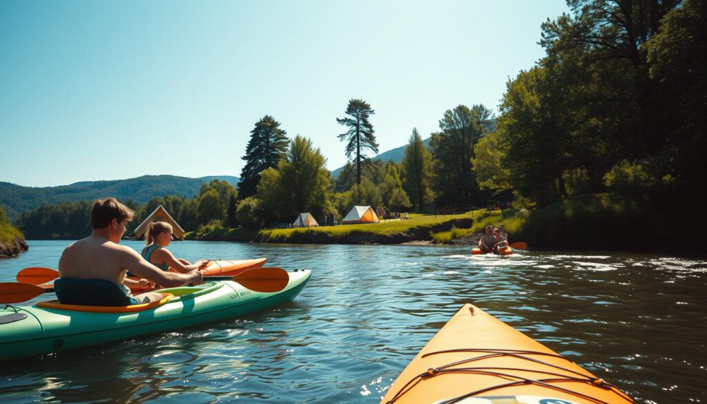A serene summer scene showcasing "Aktivitäten am Klarälven" with a clear blue sky and lush greenery along the riverbanks. In the foreground, a group of individuals in modest casual clothing is engaged in kayaking, their vibrant kayaks contrasting with the peaceful water. In the middle ground, a small camp with tents and a cozy fire pit is visible, surrounded by tall trees, evoking a sense of adventure. The background features gentle hills and the flowing river extending into the distance, reflecting dappled sunlight. Capture this image using a Sony A7R IV at 70mm, ensuring sharp definition and clear focus with a polarized filter, creating a warm and inviting atmosphere, ideal for outdoor exploration.