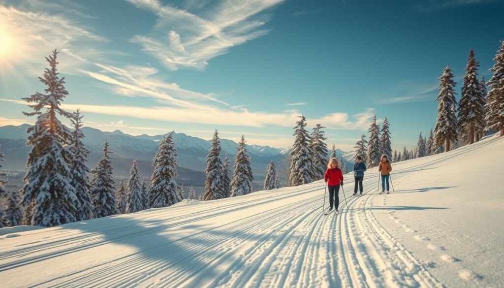 A serene winter landscape at Långberget, showcasing the ideal conditions for cross-country skiing. In the foreground, a snow-covered trail stretches invitingly, lined with tall pine trees dusted with fresh white snow. Ski tracks are visibly etched into the pristine snow. In the middle ground, a group of diverse skiers in modest winter attire gracefully glide along the slope, radiating joy and focus. The background reveals majestic, snow-capped mountains under a clear blue sky, illuminated by soft, golden sunlight filtering through wispy clouds. Shot on a Sony A7R IV with a 70mm lens, the image is crisply defined and vibrant, enhanced by a polarized filter that enriches the colors and contrasts, creating an atmosphere of tranquility and adventure. A serene winter landscape at Långberget, showcasing the ideal conditions for cross-country skiing. In the foreground, a snow-covered trail stretches invitingly, lined with tall pine trees dusted with fresh white snow. Ski tracks are visibly etched into the pristine snow. In the middle ground, a group of diverse skiers in modest winter attire gracefully glide along the slope, radiating joy and focus. The background reveals majestic, snow-capped mountains under a clear blue sky, illuminated by soft, golden sunlight filtering through wispy clouds. Shot on a Sony A7R IV with a 70mm lens, the image is crisply defined and vibrant, enhanced by a polarized filter that enriches the colors and contrasts, creating an atmosphere of tranquility and adventure.