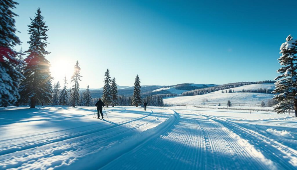 A serene winter landscape capturing the essence of Uppsala Langlauf. In the foreground, a series of meticulously groomed cross-country ski trails meander through glistening white snow, flanked by tall, frosted evergreen trees. The middle ground features a few skiers in modest winter attire, gracefully gliding along the trails, conveying a sense of tranquility and community. The background showcases rolling hills dusted with fresh snow, under a stunning, clear blue sky illuminated by soft afternoon light. Photographed with a Sony A7R IV at 70mm, the image should be sharply defined, with a subtle depth of field that enhances the clarity of details and a polarized filter to enrich the colors and contrast in this peaceful winter setting. A serene winter landscape capturing the essence of Uppsala Langlauf. In the foreground, a series of meticulously groomed cross-country ski trails meander through glistening white snow, flanked by tall, frosted evergreen trees. The middle ground features a few skiers in modest winter attire, gracefully gliding along the trails, conveying a sense of tranquility and community. The background showcases rolling hills dusted with fresh snow, under a stunning, clear blue sky illuminated by soft afternoon light. Photographed with a Sony A7R IV at 70mm, the image should be sharply defined, with a subtle depth of field that enhances the clarity of details and a polarized filter to enrich the colors and contrast in this peaceful winter setting.