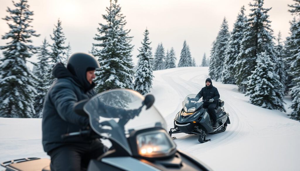 A serene winter landscape depicting a snowmobile in action, conveying the rules of snowmobiling in northern Sweden. In the foreground, a snowmobile is prominently featured, with a rider in modest, professional winter attire focused on navigating through the snow. The middle ground showcases a winding snowy trail flanked by pine trees, lightly dusted with fresh snow, illustrating proper path etiquette. The background features a soft, overcast sky, casting diffused light over the scene. The shot is composed at a slight angle to capture both the movement of the snowmobile and the beauty of the surrounding landscape. The overall mood is one of adventure and responsibility, emphasizing safe practices in snowmobiling. Shot on Sony A7R IV at 70mm, clearly focused, sharply defined, using a polarized filter.