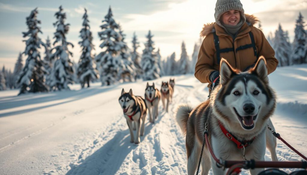A serene winter landscape in Kiruna, showcasing a well-equipped dog sled team in action. In the foreground, a professional dog sledder, dressed in warm, modest clothing, confidently steers a team of energetic, beautifully groomed huskies. The middle ground features a vibrant snowy trail glistening under soft, diffused sunlight, with the huskies pulling the sled energetically through the pristine white snow. In the background, majestic coniferous trees dusted with snow are silhouetted against a soft blue sky, enhancing the tranquil and adventurous atmosphere. Shot with a Sony A7R IV at 70mm, the composition is clearly focused and sharply defined, with a polarized filter enhancing the vivid colors and details, evoking the excitement and thrill of dog sledding experiences.