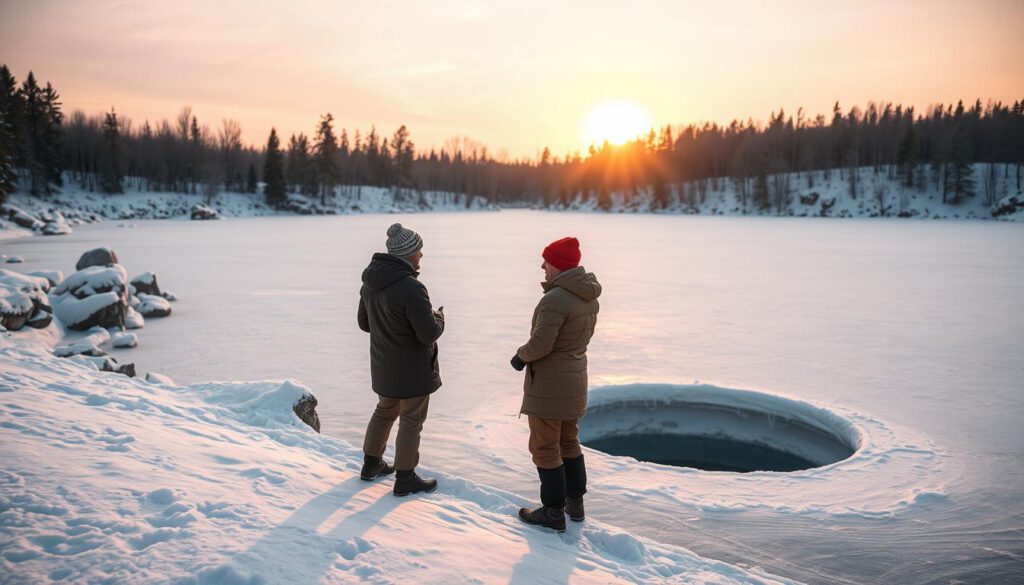 A serene winter landscape in Sweden depicting a group of four beginners preparing for ice bathing by a frozen lake. In the foreground, two individuals, dressed in modest, warm winter clothing, are standing on the snowy bank, confidently discussing the essential safety rules. The middle ground features the icy lake with a cut-out hole, surrounded by snow-covered rocks and trees, while the background showcases a soft sunrise casting a warm orange glow over the sky, illuminating the tranquil scene. The overall mood is calm and inviting, emphasizing the beauty of winter. Shot on a Sony A7R IV at 70mm with clear focus and sharp definition, using a polarized filter to enhance colors and reduce glare on the ice.