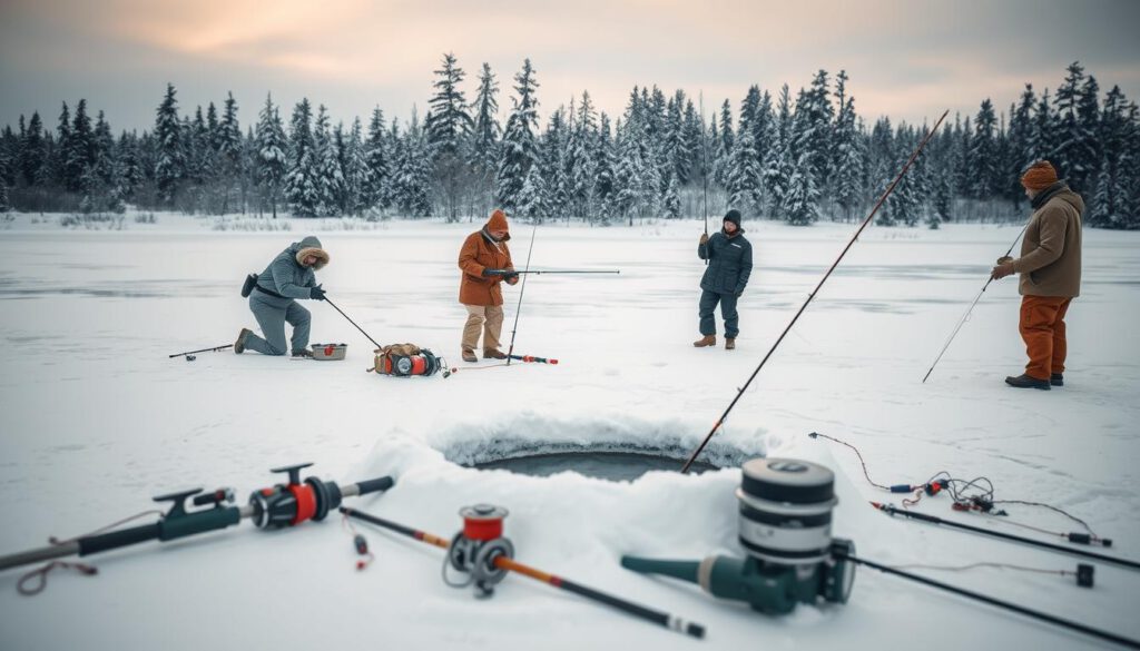 A serene winter landscape in Sweden, showcasing a group of anglers dressed in warm, modest outdoor clothing, engaged in ice fishing on a frozen lake. In the foreground, a well-equipped fishing hole is surrounded by fishing gear, such as rods and augers, meticulously arranged on the snow. The middle ground features the anglers, focused and actively participating in their hobby, emitting a sense of camaraderie and adventure. The background captures the pristine Swedish forest, with tall evergreens dusted in snow and a soft, overcast sky enhancing the tranquil atmosphere. Shot with a Sony A7R IV at 70mm, employing a polarized filter for clarity, the image is sharply defined and brilliantly lit, evoking a sense of excitement for affordable fishing trips in Sweden.