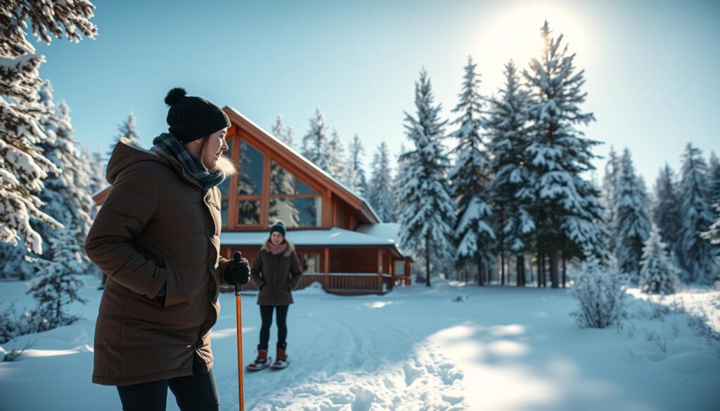 A serene winter landscape showcasing the Oivangi Lodge in Kuusamo, Finland, surrounded by pristine snow-covered forests. In the foreground, a couple of individuals dressed in modest winter apparel, snowshoeing on a well-trodden path. The participants are engaged in conversation, their breath visible in the crisp air. In the middle ground, the rustic charm of the lodge features warm wooden accents and large windows reflecting the winter sun. The background reveals dense, frosted pine trees under a bright blue sky, with a hint of soft sunlight filtering through the branches, casting gentle shadows on the snow. Shot on a Sony A7R IV with a 70mm lens, the image is sharply defined and clearly focused, with a polarized filter enhancing the colors and contrast, creating a tranquil yet inviting atmosphere. A serene winter landscape showcasing the Oivangi Lodge in Kuusamo, Finland, surrounded by pristine snow-covered forests. In the foreground, a couple of individuals dressed in modest winter apparel, snowshoeing on a well-trodden path. The participants are engaged in conversation, their breath visible in the crisp air. In the middle ground, the rustic charm of the lodge features warm wooden accents and large windows reflecting the winter sun. The background reveals dense, frosted pine trees under a bright blue sky, with a hint of soft sunlight filtering through the branches, casting gentle shadows on the snow. Shot on a Sony A7R IV with a 70mm lens, the image is sharply defined and clearly focused, with a polarized filter enhancing the colors and contrast, creating a tranquil yet inviting atmosphere.