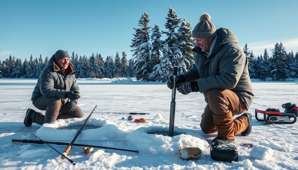 A serene winter scene depicting ice fishing in Sweden with a professional guide. In the foreground, a smiling guide, dressed in warm, practical outdoor clothing, demonstrates to an eager beginner how to drill a hole in the thick ice. The middle ground features two snowy fishing holes with fishing gear spread out, including rods and bait. In the background, expansive frozen lakes are surrounded by pine trees dusted with snow under a clear blue sky. Soft, natural lighting enhances the crisp winter atmosphere, while the image is shot with a Sony A7R IV at 70mm, exhibiting sharp details and a polarized filter to reduce glare. The mood is inviting, showcasing the joy and tranquility of winter fishing adventures.