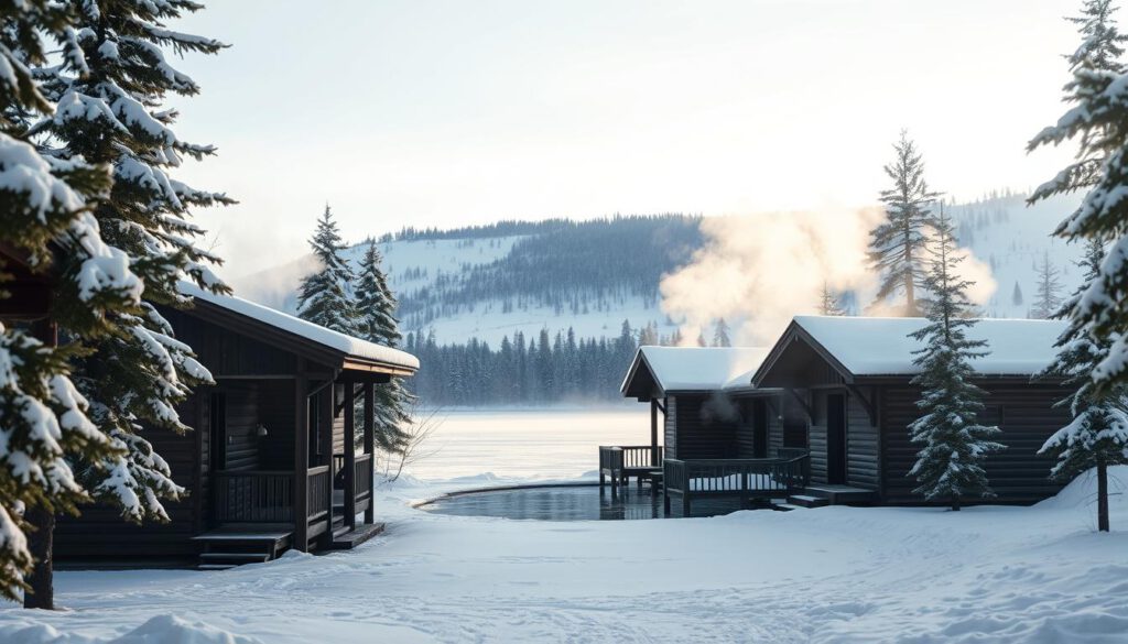 A serene winter scene depicting the Ursprung Kaltbadehäuser, combining rustic wooden buildings with a picturesque snowy landscape. In the foreground, traditional wooden cold bathhouses with steam rising gently from their entrances, framed by snow-covered pine trees. The middle ground features a crystal-clear icy lake, reflecting the soft morning light. In the background, low rolling hills blanketed in fresh snow under a pale blue sky. The scene is shot with a Sony A7R IV at 70mm, utilizing a polarized filter to enhance clarity and colors. The overall atmosphere is tranquil, capturing the essence of Swedish frost and the ancient tradition of cold bathing, inviting viewers into this peaceful winter retreat.