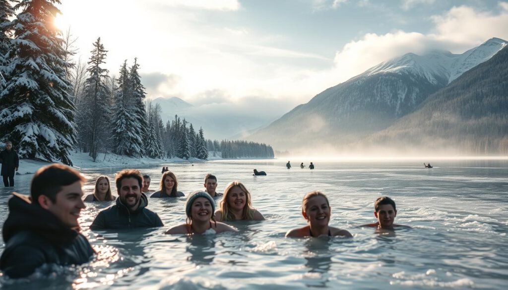 A serene winter scene depicting the essence of ice bathing in Sweden. In the foreground, a group of individuals in modest winter clothing enjoys the icy waters, their expressions reflecting exhilaration and a sense of wellness. The middle ground showcases a peaceful frozen lake surrounded by snow-covered trees, evoking the harsh yet beautiful environment. Soft, diffused sunlight filters through a light layer of clouds, creating a calm and inviting atmosphere. In the background, majestic mountains rise, their peaks glistening with snow, emphasizing the chill of the setting. The composition is captured with a Sony A7R IV at 70mm, ensuring sharp focus and clarity, with a polarized filter enhancing colors and contrast. The overall mood is invigorating yet peaceful, capturing the blend of tradition and health benefits of ice bathing in nature's embrace.