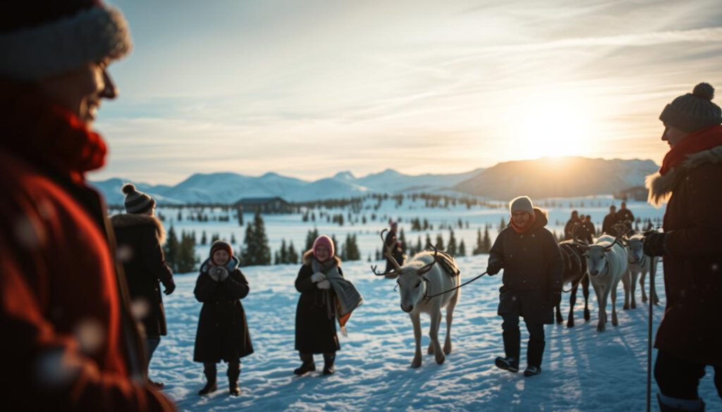A serene winter scene in Jokkmokk, showcasing vibrant winter activities. In the foreground, a group of Sami people, dressed in traditional attire, are engaged in reindeer herding, their expressions reflecting joy and connection with nature. The middle ground features a snowy landscape dotted with silhouetted trees and gently rising hills, suggesting the vastness of the Arctic wilderness. In the background, the sun casts a warm glow over a distant mountain range, while soft flurries of snow dance in the crisp air, creating a magical atmosphere. The image is captured with a Sony A7R IV at 70mm, ensuring a clear focus and sharp definition, enhanced by a polarized filter to highlight the brilliance of winter. The overall mood is peaceful and enchanting, inviting viewers to experience the beauty of winter in Jokkmokk. A serene winter scene in Jokkmokk, showcasing vibrant winter activities. In the foreground, a group of Sami people, dressed in traditional attire, are engaged in reindeer herding, their expressions reflecting joy and connection with nature. The middle ground features a snowy landscape dotted with silhouetted trees and gently rising hills, suggesting the vastness of the Arctic wilderness. In the background, the sun casts a warm glow over a distant mountain range, while soft flurries of snow dance in the crisp air, creating a magical atmosphere. The image is captured with a Sony A7R IV at 70mm, ensuring a clear focus and sharp definition, enhanced by a polarized filter to highlight the brilliance of winter. The overall mood is peaceful and enchanting, inviting viewers to experience the beauty of winter in Jokkmokk.