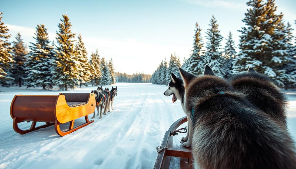 A snowy landscape in Kiruna, Sweden, showcasing a dog sled setup in the foreground with a beautifully constructed sled and a team of eager, muscular huskies. The sled is made of polished wood with a quilted seat, and the dogs are wearing vibrant harnesses, their fur glistening in the soft winter sunlight. In the middle ground, a snowy trail leads into a serene pine forest dusted with fresh snow. The sky above is a clear blue, imparting a sense of crisp, fresh air. The image is captured with a Sony A7R IV at 70mm, utilizing a polarized filter to enhance the colors and contrast, creating a dynamic yet tranquil atmosphere, epitomizing the essence of a dog sledding adventure.