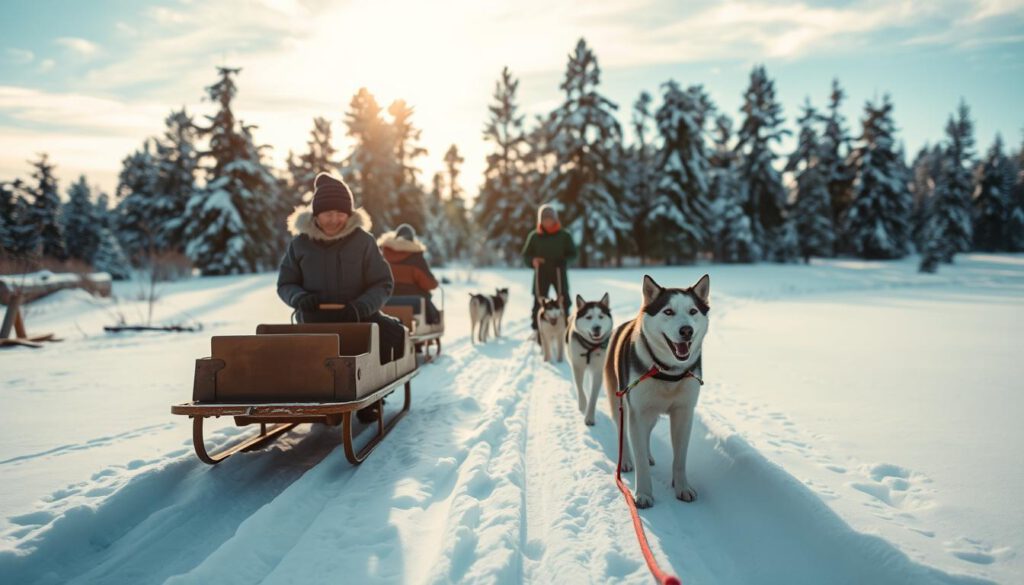 A snowy landscape in Lappland, showcasing a team of enthusiastic dog sledders, dressed in warm, modest outdoor attire. In the foreground, a well-maintained dog sled is ready for the adventure, with a couple of energetic huskies eagerly waiting to run. The middle ground features a winding trail through the white snow, leading into a backdrop of majestic pine trees dusted with snow. The sky is clear with soft sunlight casting a warm glow, enhancing the serene atmosphere. The scene is captured with a Sony A7R IV at 70mm, providing sharp definition and clarity. The use of a polarized filter emphasizes the blue of the sky and the crisp whiteness of the snow, creating a perfect setting for beginners eager to enter the world of dog sledding.