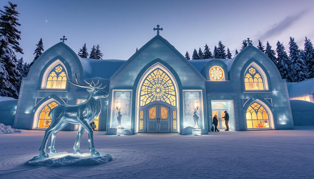 A stunning and intricately designed Ice Hotel in Jukkasjärvi, showcasing its breathtaking façade made entirely of clear ice and snow, glistening under the soft glow of twilight. In the foreground, a welcoming ice sculpture of a reindeer stands majestically, surrounded by frozen lights that illuminate the scene. The middle ground features the hotel's grand entrance, adorned with ornate ice carvings and frosted windows, creating a magical atmosphere. In the background, the snowy landscape stretches into the distance, with pine trees dusted in fresh snow under a starry sky. The image is captured with a Sony A7R IV using a 70mm lens, providing clear focus and sharp definition, enhanced by a polarized filter to intensify the colors and contrasts, evoking a serene and enchanting winter ambiance.