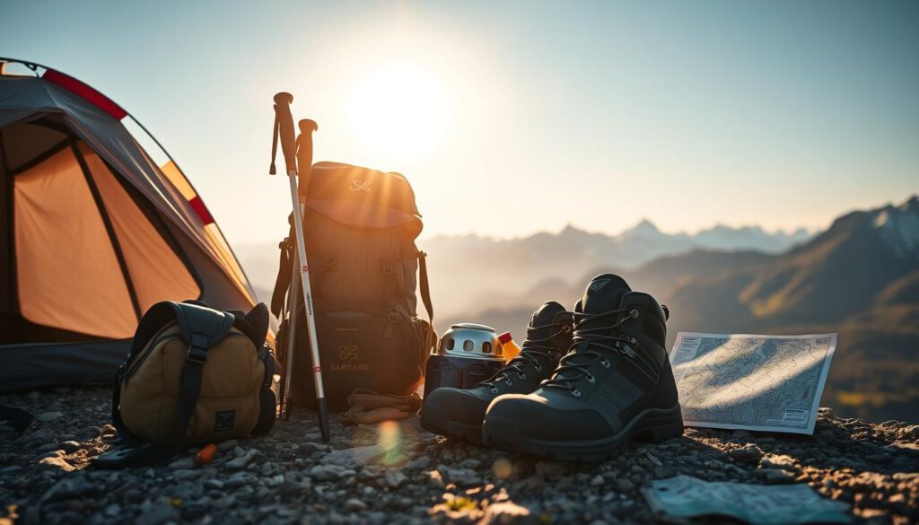 A stunning arrangement of hiking gear specifically designed for an adventure in the Sarek National Park, showcased prominently in the foreground. Include a high-quality tent, durable hiking boots, trekking poles, a rugged backpack filled with provisions, and a detailed map of the national park, all artistically placed on a rocky surface. In the middle ground, illustrate the breathtaking Sarek landscape with snow-capped peaks and lush valleys under a clear blue sky. In the background, capture distant mountains bathed in warm sunlight, creating a serene, adventurous atmosphere. The image should be taken with a Sony A7R IV at 70mm, showcasing rich colors and high detail through a polarized filter, with a sharp focus on the gear. The overall mood should evoke excitement and readiness for exploration in Europe’s last wilderness.