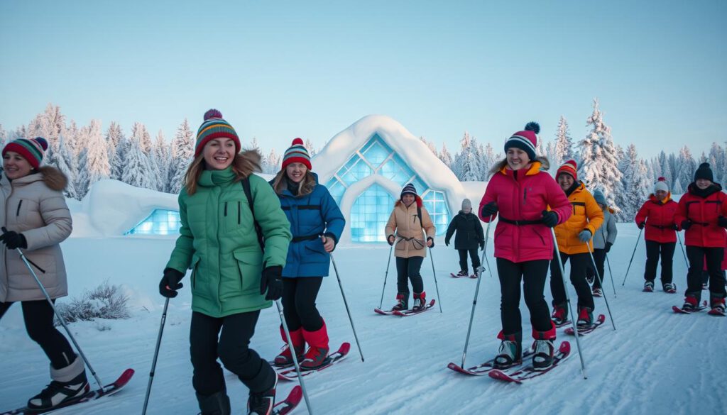A stunning scene capturing the winter activities around the world-renowned ICEHOTEL in Jukkasjärvi. In the foreground, a vibrant group of tourists dressed in colorful winter jackets and hats engage in snowshoeing, laughter and excitement visible on their faces. The middle ground features the iconic ICEHOTEL structure, intricately sculpted from ice and illuminated with soft, blue lights creating a magical atmosphere. In the background, the shimmering white landscape, surrounded by frosted trees under a clear blue sky, adds depth. Capture this scene with a Sony A7R IV at 70mm, ensuring a sharply defined focus that highlights both the joyful expressions of the participants and the shimmering textures of the ice. The overall mood is lively and enchanting, evoking a sense of adventure and winter wonder. A stunning scene capturing the winter activities around the world-renowned ICEHOTEL in Jukkasjärvi. In the foreground, a vibrant group of tourists dressed in colorful winter jackets and hats engage in snowshoeing, laughter and excitement visible on their faces. The middle ground features the iconic ICEHOTEL structure, intricately sculpted from ice and illuminated with soft, blue lights creating a magical atmosphere. In the background, the shimmering white landscape, surrounded by frosted trees under a clear blue sky, adds depth. Capture this scene with a Sony A7R IV at 70mm, ensuring a sharply defined focus that highlights both the joyful expressions of the participants and the shimmering textures of the ice. The overall mood is lively and enchanting, evoking a sense of adventure and winter wonder.