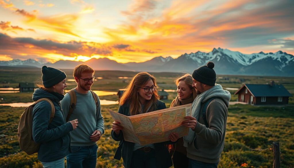 A stunning travel planning scene under the captivating midnight sun in a northern region above the Arctic Circle. In the foreground, a diverse group of travelers wearing modest casual clothing enthusiastically examines a detailed map and travel guide, engaged in conversation. The middle ground features a lush, green landscape with glistening water bodies reflecting the warm golden hues of the sun, while quaint wooden cabins suggest a serene destination. The background showcases majestic, snow-capped mountains towering against a vibrant sky painted with shades of orange, pink, and blue, indicating the midnight sun's glow. The atmosphere is inviting and adventurous, emphasizing exploration and excitement. Captured with a Sony A7R IV at 70mm, ensuring sharp focus and clarity through a polarized filter, with natural lighting enhancing the warmth of the scene.