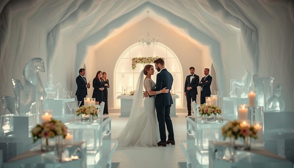 A stunning wedding scene set inside the ICEHOTEL, showcasing a beautifully decorated ice chapel with intricate ice sculptures and soft, flickering candlelight illuminating the space. In the foreground, a couple in elegant wedding attire stands embraced, surrounded by delicate floral arrangements on icy surfaces. The middle features guests dressed in smart evening attire, admiring the details, while the background reveals the enchanting architecture of the ice hotel, with frosty walls and ethereal lighting that creates a magical atmosphere. Shot with a Sony A7R IV at 70mm, the image is sharply defined, capturing every detail, enhanced by a polarized filter to enrich the colors and contrast. The mood is intimate, romantic, and extraordinary, perfectly encapsulating the magic of weddings at ICEHOTEL. A stunning wedding scene set inside the ICEHOTEL, showcasing a beautifully decorated ice chapel with intricate ice sculptures and soft, flickering candlelight illuminating the space. In the foreground, a couple in elegant wedding attire stands embraced, surrounded by delicate floral arrangements on icy surfaces. The middle features guests dressed in smart evening attire, admiring the details, while the background reveals the enchanting architecture of the ice hotel, with frosty walls and ethereal lighting that creates a magical atmosphere. Shot with a Sony A7R IV at 70mm, the image is sharply defined, capturing every detail, enhanced by a polarized filter to enrich the colors and contrast. The mood is intimate, romantic, and extraordinary, perfectly encapsulating the magic of weddings at ICEHOTEL.