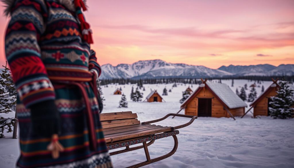 A vibrant and immersive depiction of Sami culture in Lapland, showcasing traditional elements. In the foreground, a Sami person dressed in colorful traditional attire, with intricate patterns, stands confidently holding a handmade wooden sled. The middle ground features a snow-covered landscape with scattered, beautifully crafted Sami tents (kota), surrounded by gently swaying evergreen trees. In the background, the iconic silhouette of the Lapland mountains under a soft purple twilight sky. The lighting is warm and inviting, casting a gentle glow on the snowy terrain, enhancing the textures of the clothing and environment. Shot with a Sony A7R IV at 70mm, the image is sharply focused, clearly defined, and enriched by a polarized filter, creating a tranquil and inspiring atmosphere that reflects the deep connection of the Sami people to their land. A vibrant and immersive depiction of Sami culture in Lapland, showcasing traditional elements. In the foreground, a Sami person dressed in colorful traditional attire, with intricate patterns, stands confidently holding a handmade wooden sled. The middle ground features a snow-covered landscape with scattered, beautifully crafted Sami tents (kota), surrounded by gently swaying evergreen trees. In the background, the iconic silhouette of the Lapland mountains under a soft purple twilight sky. The lighting is warm and inviting, casting a gentle glow on the snowy terrain, enhancing the textures of the clothing and environment. Shot with a Sony A7R IV at 70mm, the image is sharply focused, clearly defined, and enriched by a polarized filter, creating a tranquil and inspiring atmosphere that reflects the deep connection of the Sami people to their land.