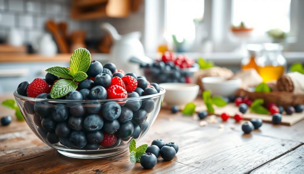 A vibrant, healthy recipe scene featuring fresh blueberries and lingonberries arranged artistically on a rustic wooden table. In the foreground, a beautifully crafted bowl filled with a colorful fruit salad made of blueberries and lingonberries, garnished with mint leaves. In the middle ground, a selection of colorful ingredients such as yogurt, oats, and honey, showcasing healthy cooking options. In the background, soft natural light filters through windows, creating a cozy kitchen atmosphere. The focus is sharp and clear, emphasizing the textures of the berries and other ingredients. The overall mood is inviting and fresh, evoking a sense of wholesome, Scandinavian-inspired culinary delights. Shot with a Sony A7R IV at 70mm, enhanced with a polarized filter for vivid colors.