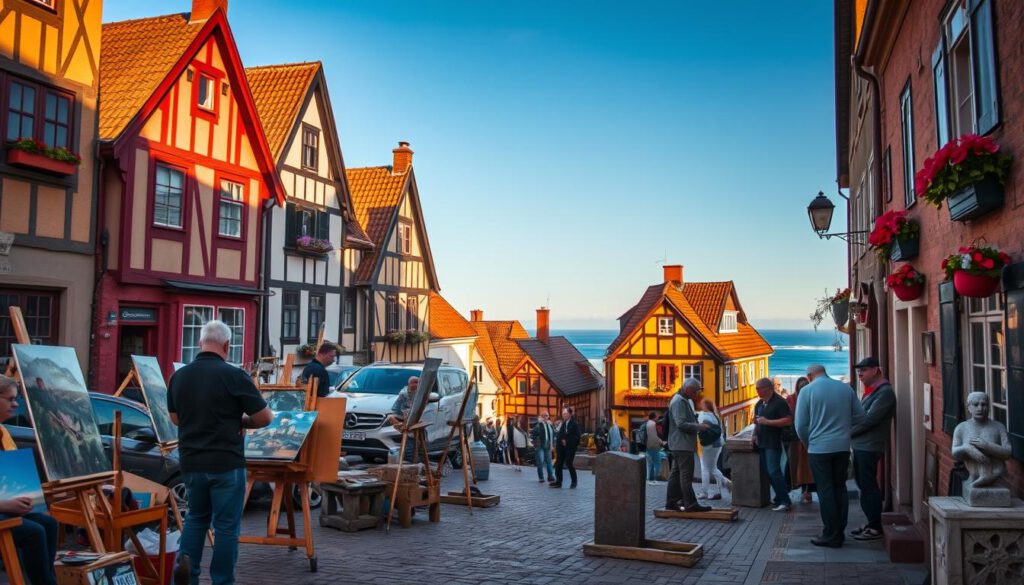 A vibrant scene of Kreativszene in Ystad, showcasing a lively street filled with artists and craftspeople. In the foreground, a painter passionately working on an easel, surrounded by colorful canvases. Next to them, a sculptor chisels away at a block of stone, while a small group of visitors admire the art. In the middle ground, quaint medieval-style buildings with unique architectural details—timbered facades, bright flower boxes, and cobblestone streets—create a charming backdrop. The background features a clear blue sky, hinting at the coastal location, with subtle waves visible in the distance. The scene is illuminated by warm, golden hour light, enhancing the inviting atmosphere. Captured with a Sony A7R IV at 70mm, ensuring sharp focus and vivid colors, with a polarized filter for optimal clarity.