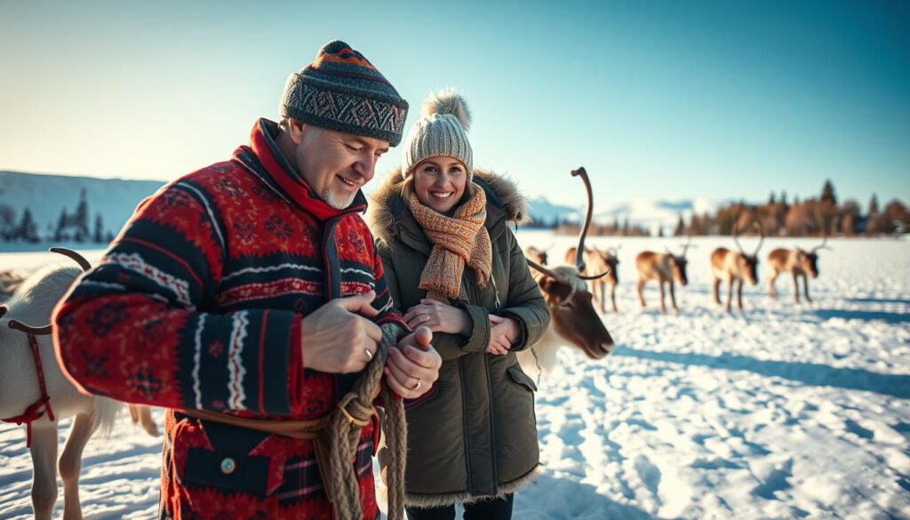 A vibrant scene showcasing Sami culture, focusing on a warm interaction between a Sami reindeer herder and a visitor in the snowy Lapland landscape. In the foreground, the herder, dressed in traditional Sami clothing with colorful patterns, gently holds a reindeer harness. The visitor, in modest casual winter attire, looks intrigued while petting the reindeer. In the middle ground, a small group of reindeer grazes, creating a lively ambiance. The background features snow-covered hills under a crisp blue sky, with soft sunlight filtering through the trees, casting gentle shadows. The image is captured with a Sony A7R IV at 70mm, using a polarized filter for clear focus and definition, evoking a cheerful and inviting atmosphere. A vibrant scene showcasing Sami culture, focusing on a warm interaction between a Sami reindeer herder and a visitor in the snowy Lapland landscape. In the foreground, the herder, dressed in traditional Sami clothing with colorful patterns, gently holds a reindeer harness. The visitor, in modest casual winter attire, looks intrigued while petting the reindeer. In the middle ground, a small group of reindeer grazes, creating a lively ambiance. The background features snow-covered hills under a crisp blue sky, with soft sunlight filtering through the trees, casting gentle shadows. The image is captured with a Sony A7R IV at 70mm, using a polarized filter for clear focus and definition, evoking a cheerful and inviting atmosphere.