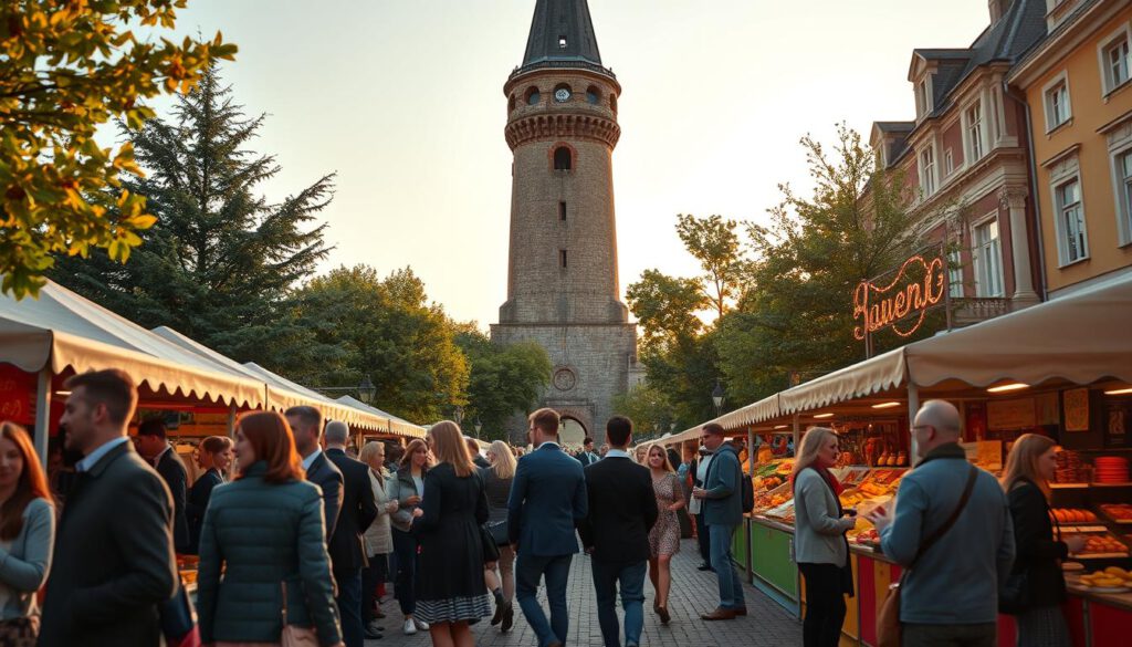A vibrant scene showcasing events around the historic Kärnan tower in Helsingborg, Sweden. In the foreground, a diverse group of people, dressed in smart casual attire, are enjoying a local market with colorful stalls filled with traditional Swedish crafts and foods. In the middle ground, the imposing Kärnan tower rises majestically, surrounded by lush greenery and cheerful festival decorations. The background features a clear sky transitioning into a warm sunset, casting a golden hue over the scene. The image should be clearly focused and sharply defined, shot from a low angle with a 70mm lens, utilizing a polarized filter to enhance colors and eliminate glare. The overall mood is festive and inviting, capturing the essence of community celebration.