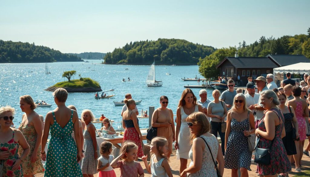 A vibrant summer festival in the Stockholm Archipelago, showcasing a lively gathering of people engaged in various activities. In the foreground, groups of individuals dressed in colorful, modest casual attire are laughing, talking, and enjoying local artisanal food stalls. Children are playing nearby, adding a joyful energy to the scene. In the middle ground, people are kayaking on the calm, shimmering waters, with sailboats in the distance. The background features picturesque islands adorned with lush greenery and rustic wooden cabins under a clear blue sky. Soft sunlight filters through, creating a warm and inviting atmosphere, perfect for celebrating nature and community. Captured with a Sony A7R IV at 70mm, the image has a sharp focus and rich colors, enhanced by a polarized filter.