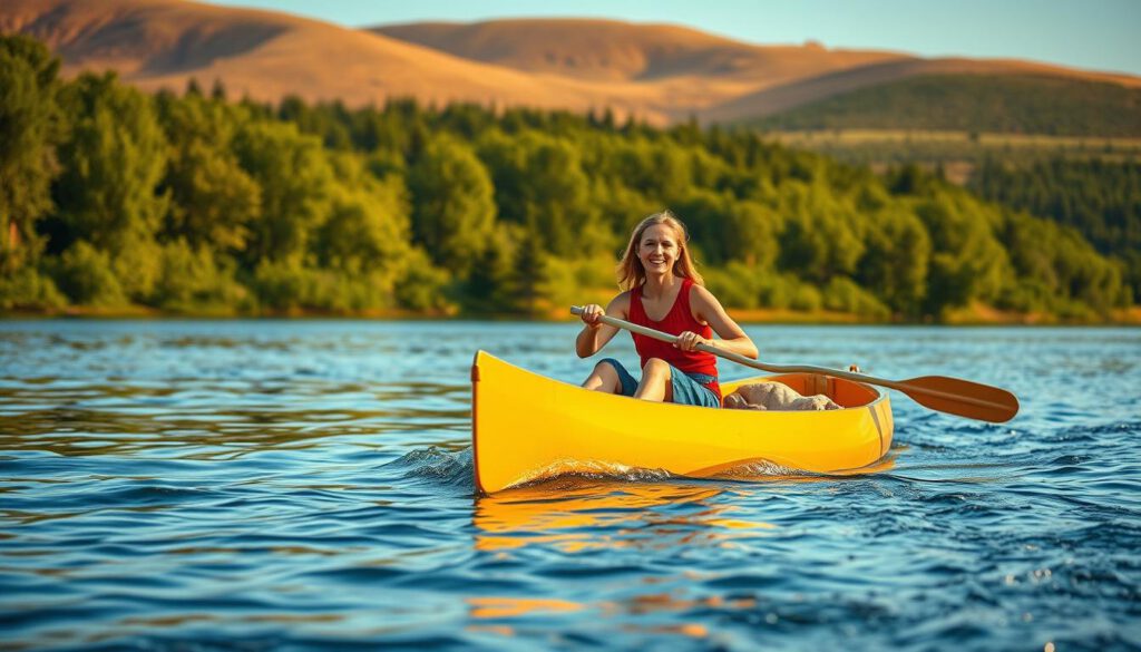A vibrant summer scene on the Klarälven River during a canoe trip, capturing the essence of outdoor adventure. In the foreground, a brightly colored canoe glides smoothly over the water, paddled by two individuals dressed in modest casual clothing, smiling and enjoying the experience. The middle ground showcases lush green trees lining the riverbanks, their reflections shimmering on the water's surface under the bright sun. The background features gentle rolling hills, bathed in warm golden light, suggesting a tranquil yet invigorating atmosphere. The image is shot with a Sony A7R IV at 70mm, clearly focused with sharply defined details, employing a polarized filter to enhance the colors and reduce glare. The overall mood is joyful and inviting, perfect for illustrating the best time for multi-day canoeing trips.