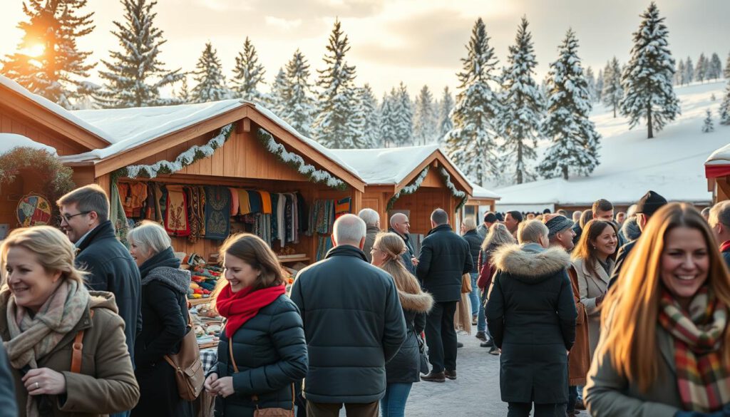 A vibrant winter market scene in Jokkmokk, showcasing traditional Swedish cultural events. In the foreground, diverse attendees in professional and modest casual clothing enjoy handcrafted goods and local delicacies, engaging with artisans displaying their crafts. The middle ground features a beautifully decorated wooden stall filled with colorful textiles and various artisan products, while performers in traditional attire entertain the crowd with folk music and dance. The background is set against a picturesque snowy landscape, with pine trees dusted with snow under a soft golden winter sun. The atmosphere is warm and inviting, filled with laughter and the spirit of community. Captured with a Sony A7R IV at 70mm, the image is clearly focused and sharply defined, enhanced by a polarized filter to enrich colors and contrast. A vibrant winter market scene in Jokkmokk, showcasing traditional Swedish cultural events. In the foreground, diverse attendees in professional and modest casual clothing enjoy handcrafted goods and local delicacies, engaging with artisans displaying their crafts. The middle ground features a beautifully decorated wooden stall filled with colorful textiles and various artisan products, while performers in traditional attire entertain the crowd with folk music and dance. The background is set against a picturesque snowy landscape, with pine trees dusted with snow under a soft golden winter sun. The atmosphere is warm and inviting, filled with laughter and the spirit of community. Captured with a Sony A7R IV at 70mm, the image is clearly focused and sharply defined, enhanced by a polarized filter to enrich colors and contrast.