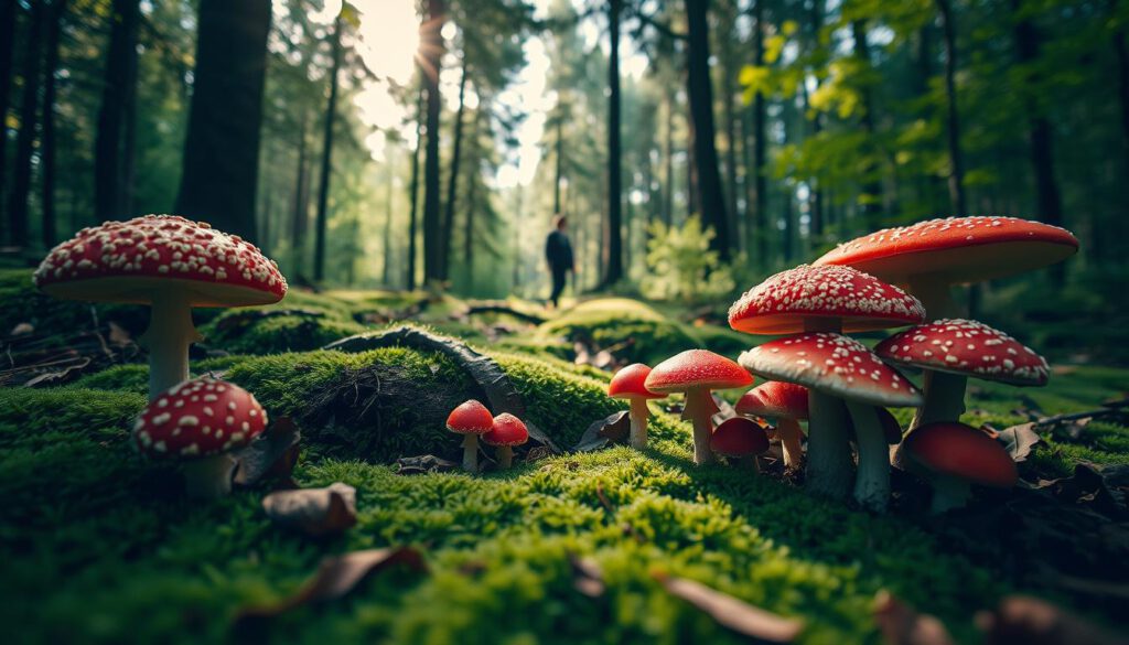 A vivid depiction of toxic mushrooms in a Swedish forest, showcasing various species like the deadly Amanita muscaria and the notorious Fly agaric, with their bright red caps and white spots contrasted against the rich green moss and fallen leaves of the forest floor. In the foreground, emphasize the mushrooms with a shallow depth of field that blurs the background more subtly, concentrating on their textures and colors. The middle ground reveals dense, lush trees typical of a Swedish landscape, filtered sunlight breaking through the foliage to cast dappled shadows. Capture this scene using a Sony A7R IV at 70mm, ensuring a clearly focused and sharply defined image with a polarized filter to enhance colors and contrast, evoking an atmosphere of both beauty and caution in nature.